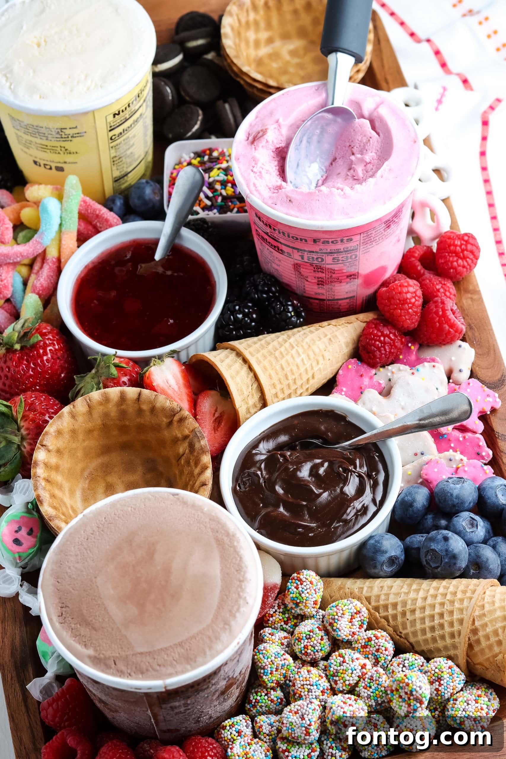 A festive and easy ice cream board, perfect for a customizable dessert experience.