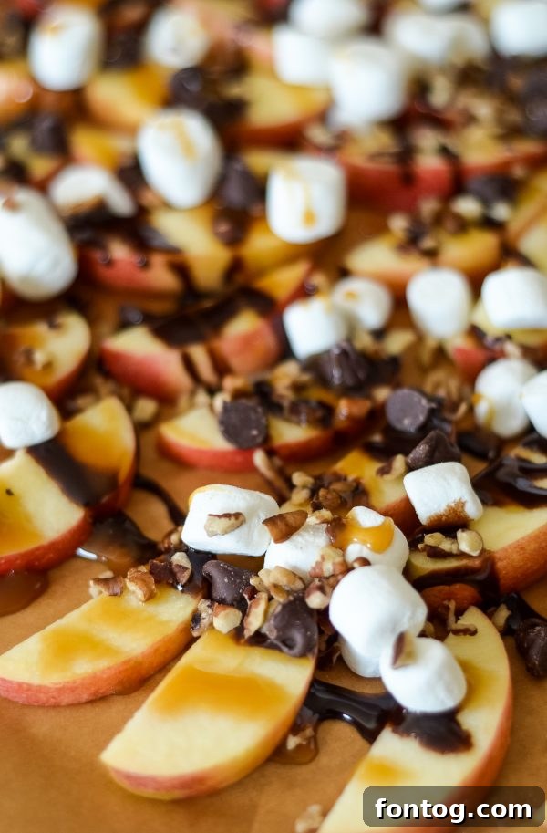 Delicious Apple Nachos topped with chocolate and caramel sauce