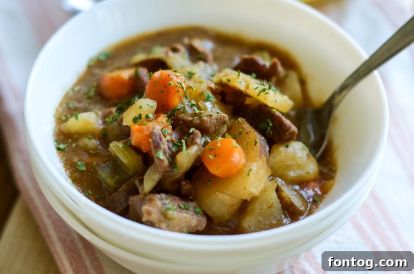 A serving of Gluten-Free Slow Cooker Beef Stew ready to eat