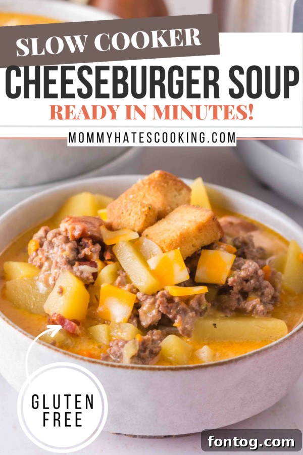 Gluten-Free Slow Cooker Cheeseburger Soup in a large pot