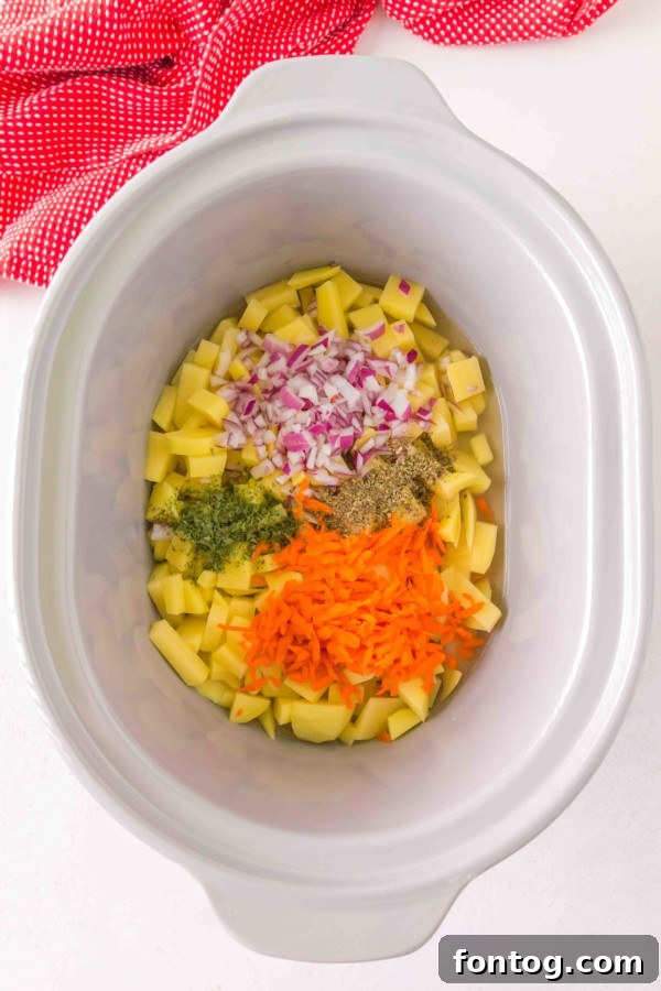 Close-up of Gluten-Free Slow Cooker Cheeseburger Soup ingredients