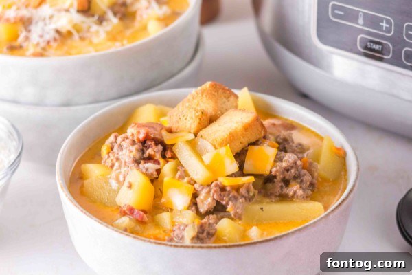 Serving bowl of Gluten-Free Slow Cooker Cheeseburger Soup with toppings
